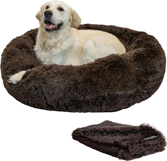 Best Friends by Sheri Bundle Set The Original Calming Shag Donut Cuddler Cat and Dog Bed + Pet Throw Blanket, Dark Chocolate, Large, 36x36