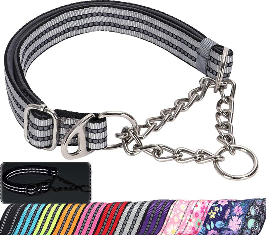Martingale Collar with Steel Chain,Reflective Nylon Dog Collar with Soft Padded Adjustable Training No Slip Dog Collars (XL Silver)