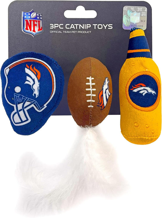 Best Plush CAT Toy - NFL Denver Broncos Complete Set of 3 Piece Cat Toys Filled with Fresh Catnip. Includes: 1 Helmet Cat Toy, 1 Football Cat Toy with Feathers & 1 Beer Bottle. Beautiful Team Logos