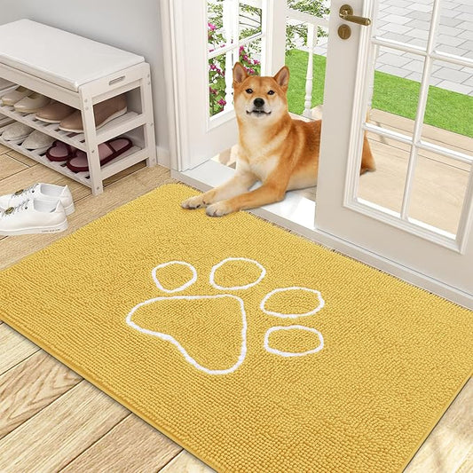 OLANLY Door Mat for Muddy Dog Paws 48x30, Ultra Absorbent Chenille Mud Doormat with Paw Print Design, Non-Slip Washable Doormat for Indoor Entryway, Quick-Dry Pet Bed Mats for Dirty Dogs, Yellow