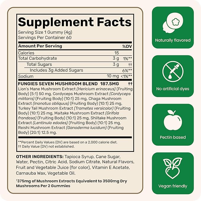 Fungies Multi Mushroom Gummies for Men & Women - Mushroom Supplement Includes Lion’s Mane, Cordyceps, Reishi, Chaga, Shiitake, Maitake & Turkey Tail - Gelatin-Free, Gluten-Free & Vegan Gummy Vitamins