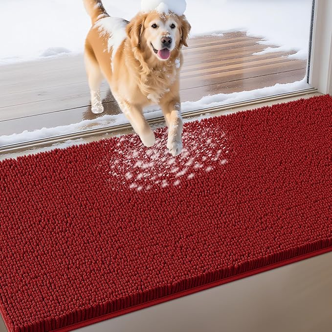 Extra Large Dog Door Mats for Muddy Paws, Chenille Absorbent Dog Mats, Non Slip Heavy Mud Mat for Dogs, Soft Pet Mat for Entryway, Mud Paws, Inside Floor,71" x 25", Red