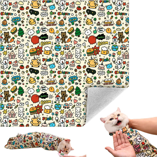 Cat Grooming Wrap, Self-Adherent Soft Cat Blanket to Wrap, Nail Clipping, Anti-Bite, Anti-Scratch, Anti-Escape Calming Wrap (Cute Prints, 10-13 lbs)