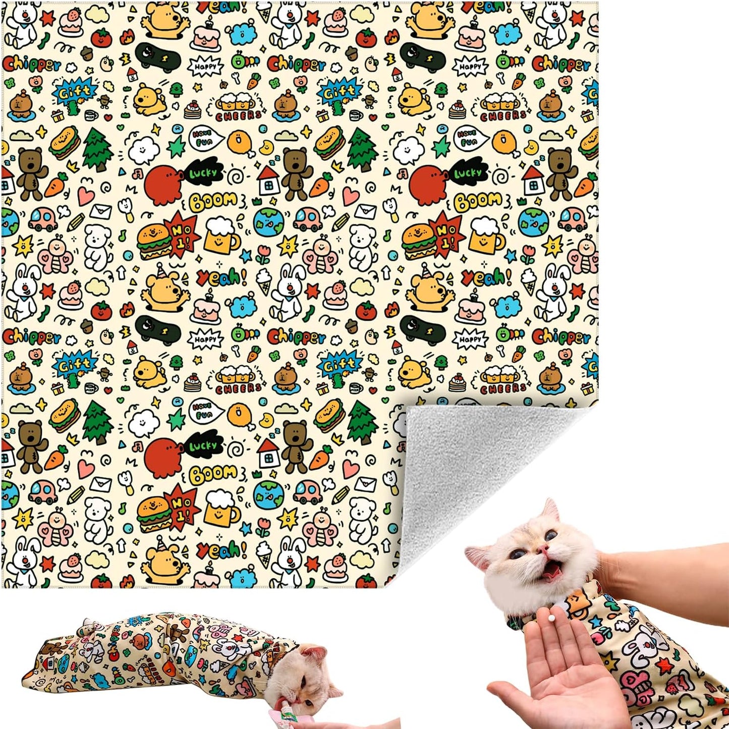Cat Grooming Wrap, Self-Adherent Soft Cat Blanket to Wrap, Nail Clipping, Anti-Bite, Anti-Scratch, Anti-Escape Calming Wrap (Cute Prints, 3-6 lbs)
