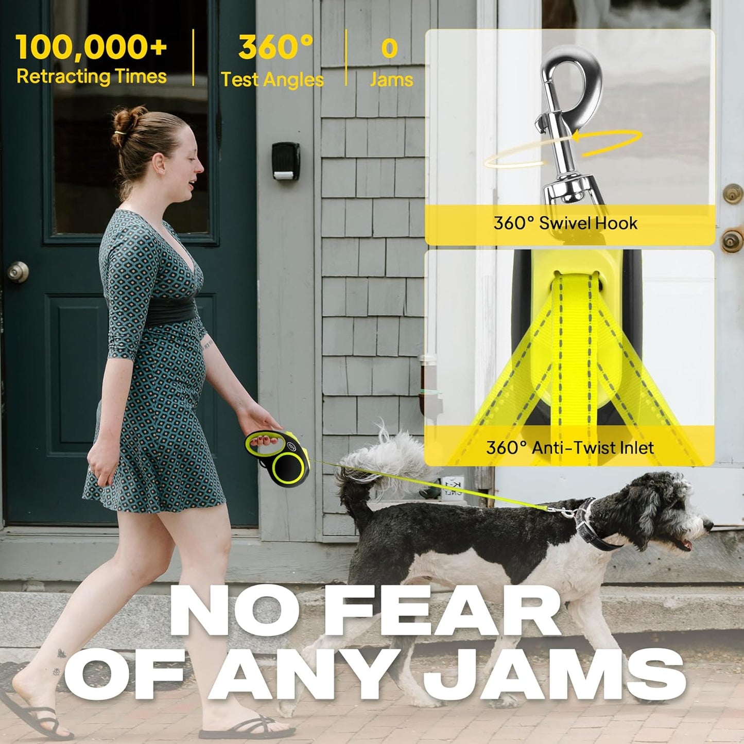 Fida Retractable Dog Leash, Reflective 16ft Heavy Duty Pet Walking Leash for Medium/Large Dog up to 110 lbs, Tangle Free. One-Hand Brake (Large, Neon Yellow)