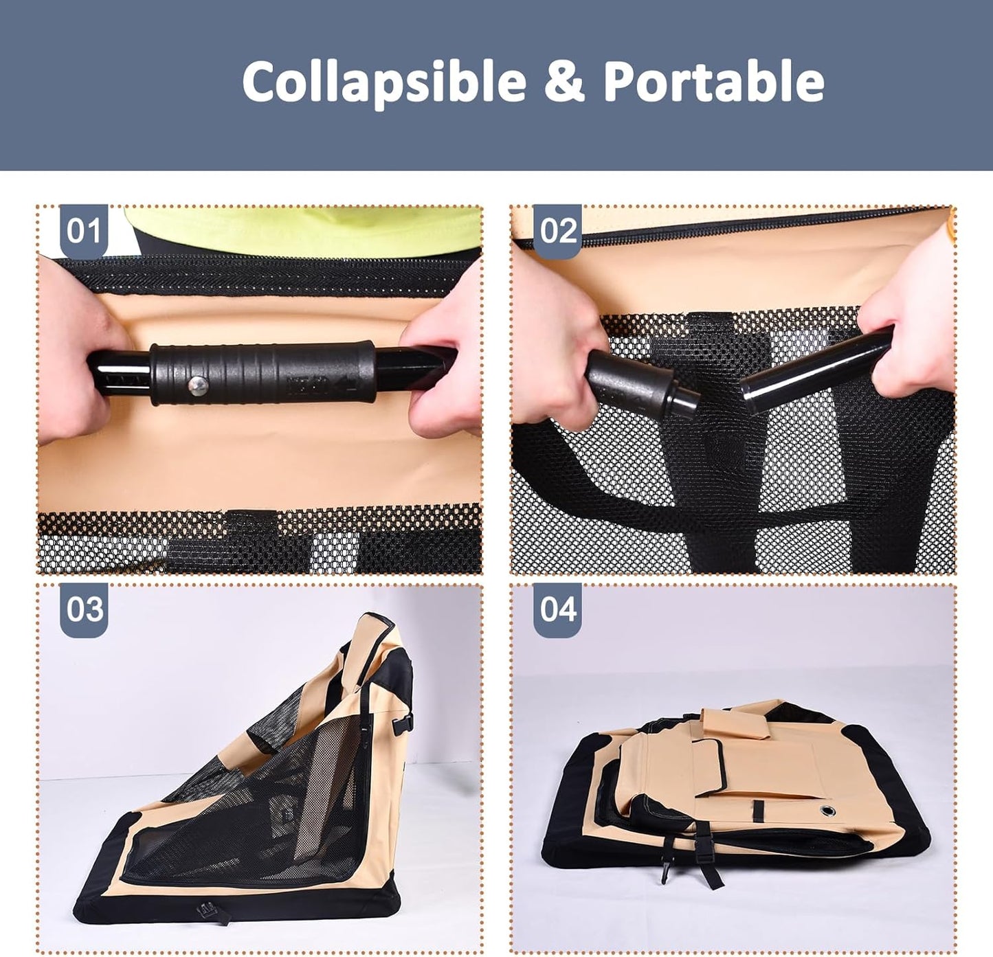 JESPET 36'' Soft Dog Crates Kennel for Pets, 3 Door Soft Sided Folding Travel Pet Carrier with Straps and Fleece Mat for Dogs, Cats, Rabbits, Grey Blue & Beige (36" L x 24" W x 27" H, Beige)