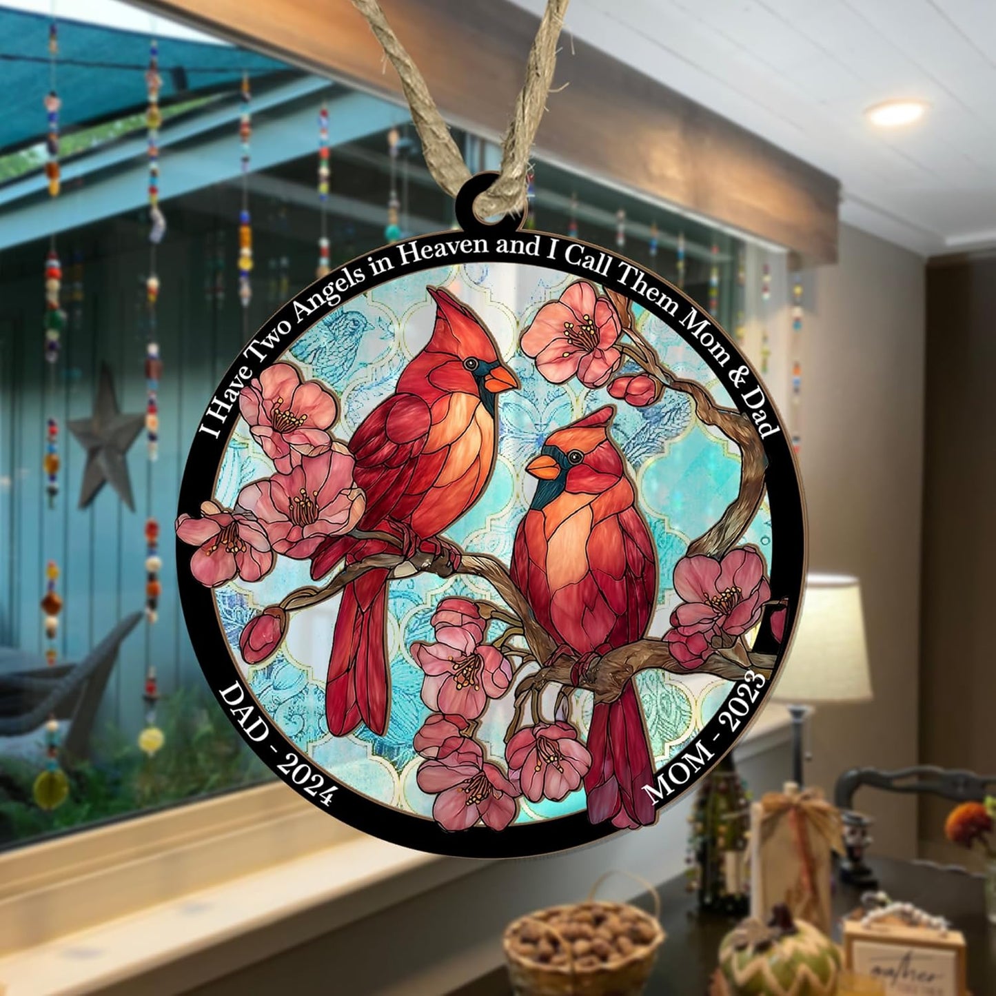 Personalized Cardinal Window Suncatcher Memorial Ornament – “I Have Two Angels in Heaven” Custom Remembrance Gift for Loss of Mom and Dad – Cardinal Suncatchers for Windows or Car Mirror Display