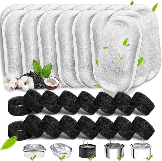 Cat Water Fountain Filters, 32 Pack Cat Replacement Filters for Stainless Steel 108oz/3.2L& 67oz/2L adjustable Flow Pet Water, Dog Fountain Filter（16+16 Pack）
