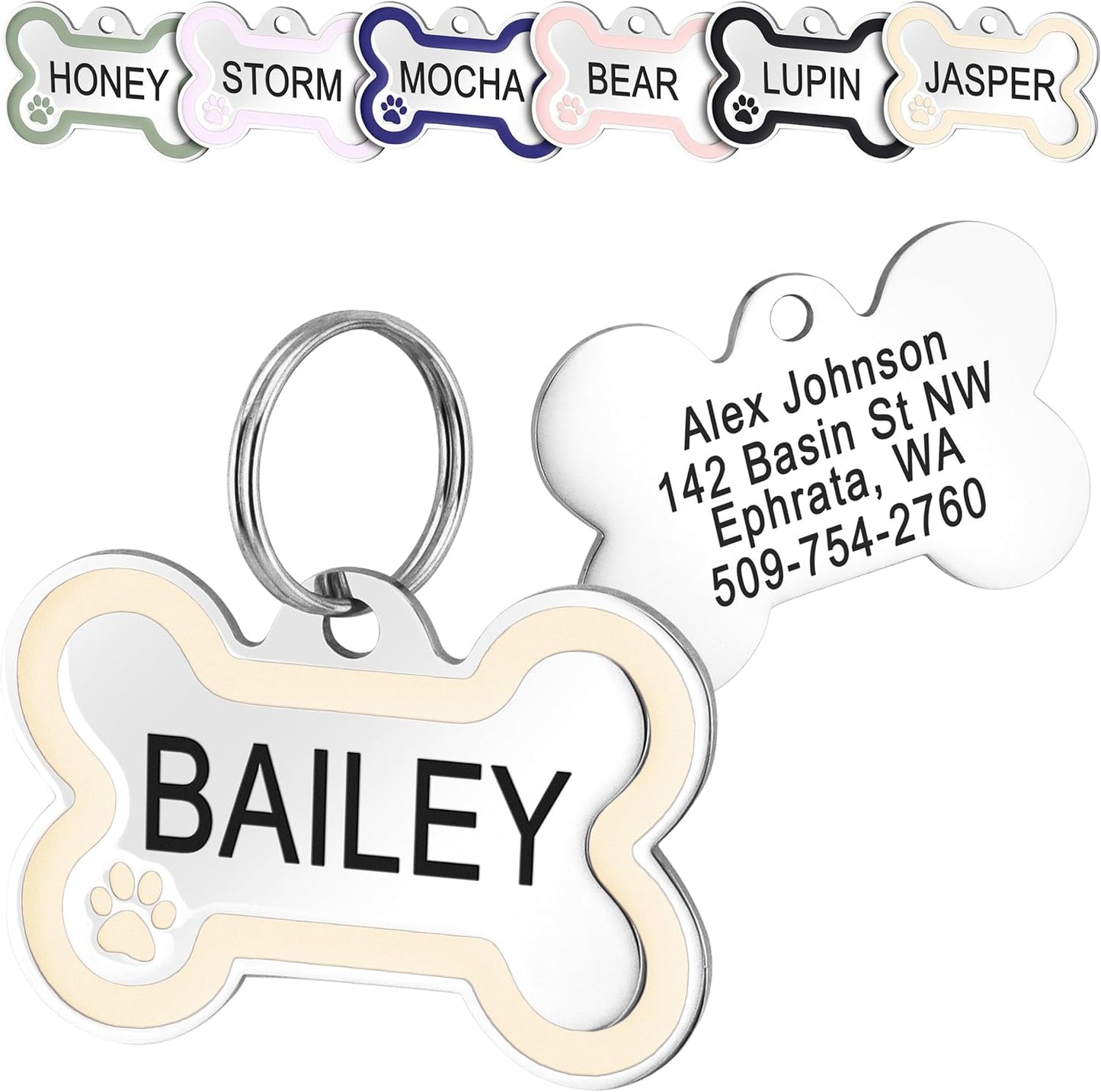 GoTags Stainless Steel Bone Dog Tag with Color Outline and Paw Print, Personalized Pet ID Tag for Dogs and Cats, Custom Engraving with up to 5 Lines of Text on Both Sides (Vanilla, Small)