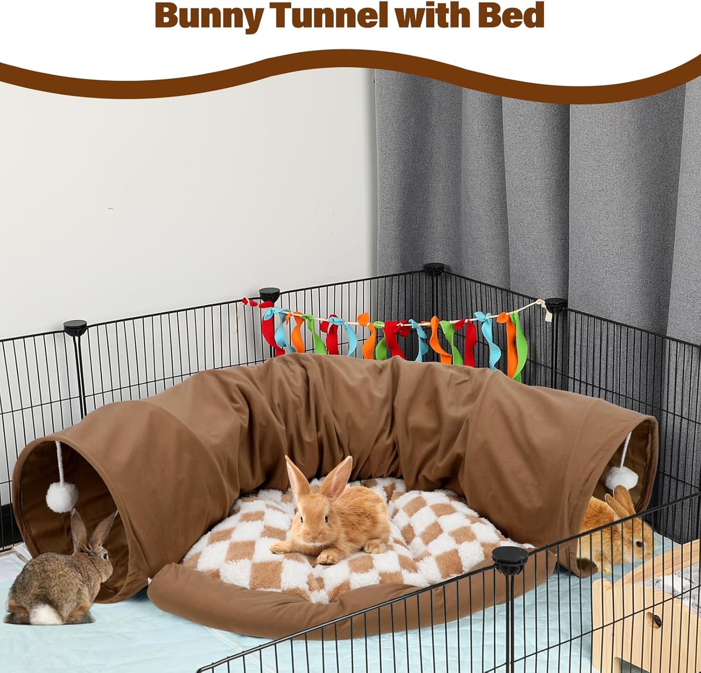 BWOGUE Bunny Tunnel Bed, 2-in-1 Collapsible Tunnel Tubes Toys with Removable Mat Hideout for Cats Kittens Rabbits Guinea Pigs Kitty (Coffee)