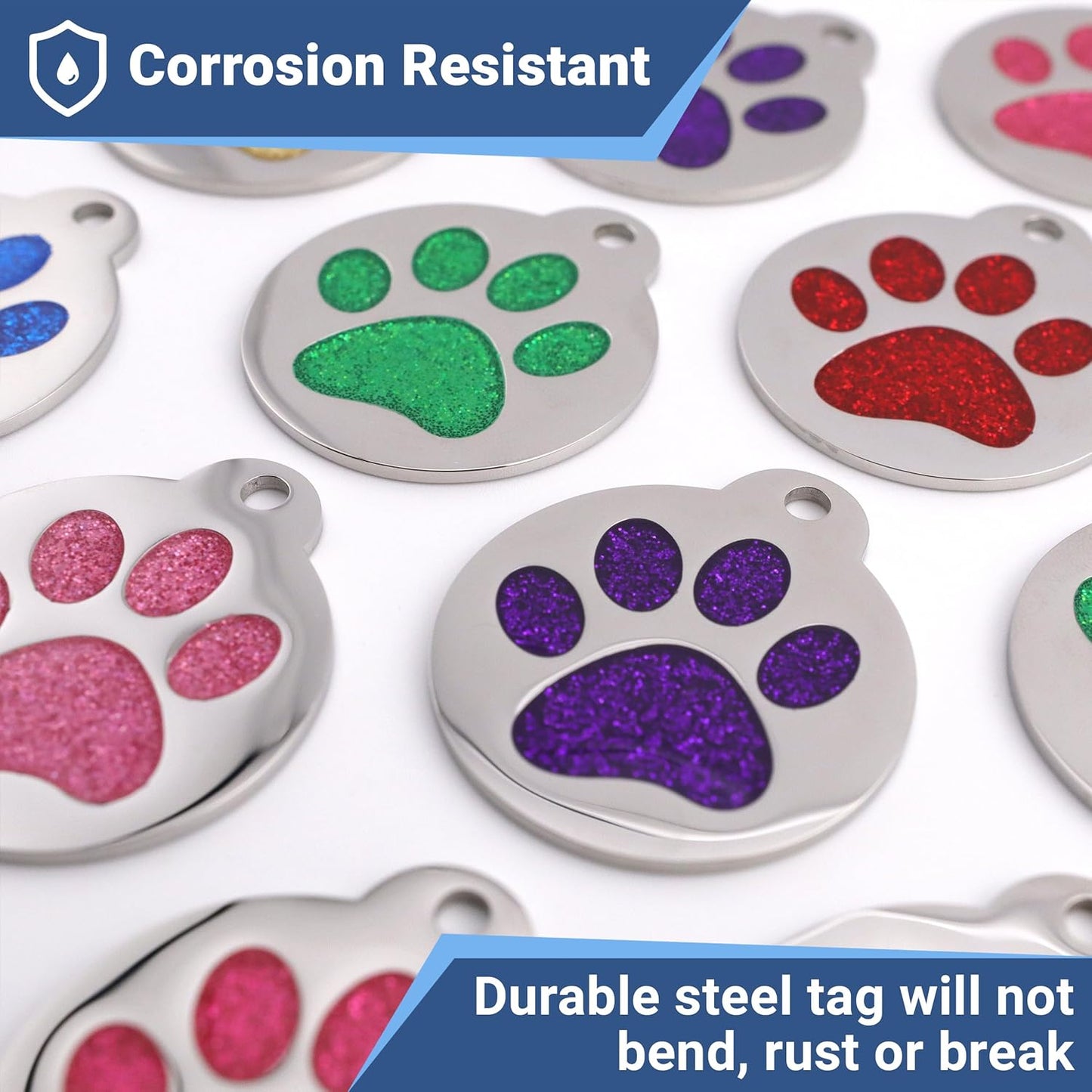 GoTags Paw Print Round Stainless Steel Pet Tag for Dogs and Cats, Personalized with 4 Lines of Custom Engraved ID with Silencer, in Stainless Steel and 15 Colors Small and Large, Silver