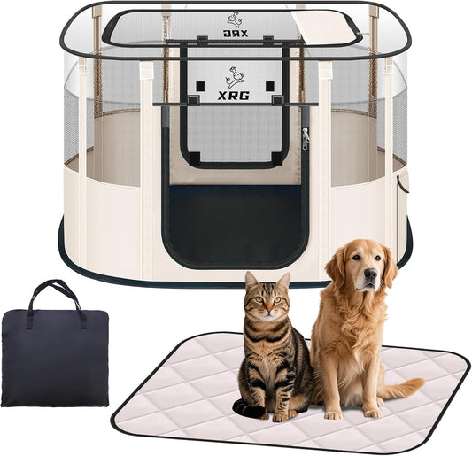 Dog Play Pen with Waterproof pad,Portable Dog Crates for Medium Dogs Kennel Tent,Dog Cages Indoor Breathable Mesh Collapsible Dog House Travel Playpen for Dogs Indoor & Outdoor(Medium, Beige)