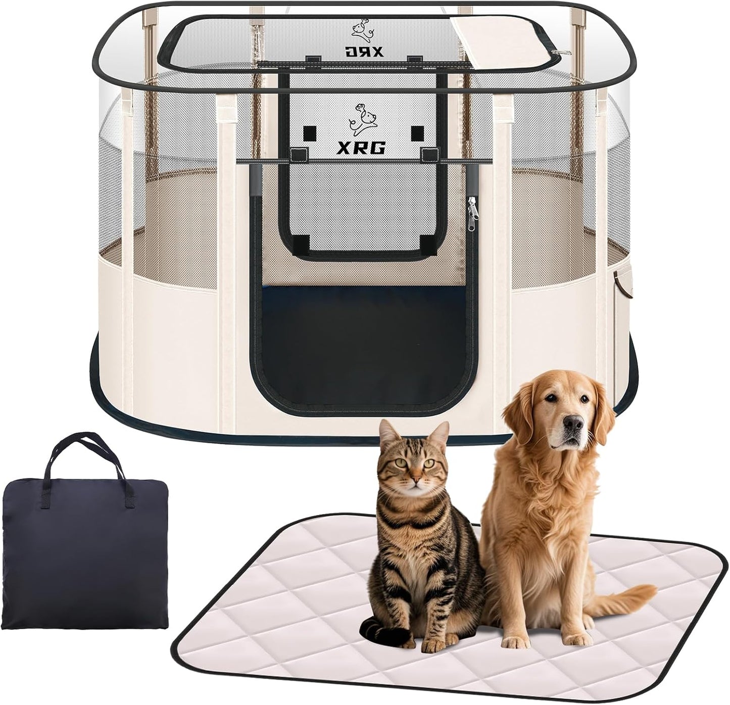 Dog Playpen with Waterproof pad,Portable Pet Crate Kennel Tent,Cat Cages Indoor Breathable Mesh Collapsible Dog Crates Playpen for Dogs Cat and Rabbit Travel Indoor & Outdoor(Large, Beige)