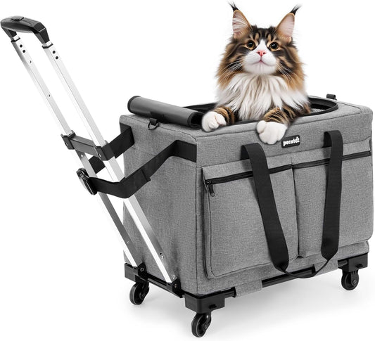 Pecute Cat Carrier with Wheels,Steel Wire Frame Cat Carrier, Stable Pet Trolley Bag for Cats, Pet Handbag and Stroller Bag, Portable Cat Carrier Bag for Car Travel Bus Subway, L, Grey