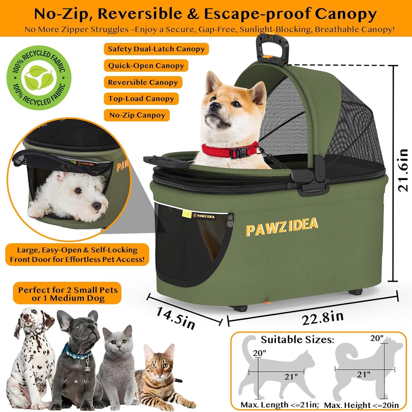 PAWZIDEA Pet Stroller 4 in 1, Dog Strollers with Detachable Carrier No-Zip Canopy, Portable Pet Crate for Car Seat Travel, Foldable & Lightweight Jogger for Small/Medium Dogs and Cats, Storage Basket