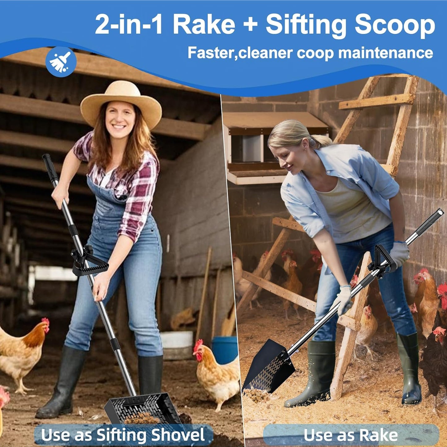 DEMARRE Chicken Poop Scooper for Sand,2-in-1 Poop Scooper for Chicken Coop with 35" to 65" Stainless Steel Handle, Heavy Duty Chicken Coop Rake, Litter Scooper Sifting Shovel for Chicken Coop & Pet