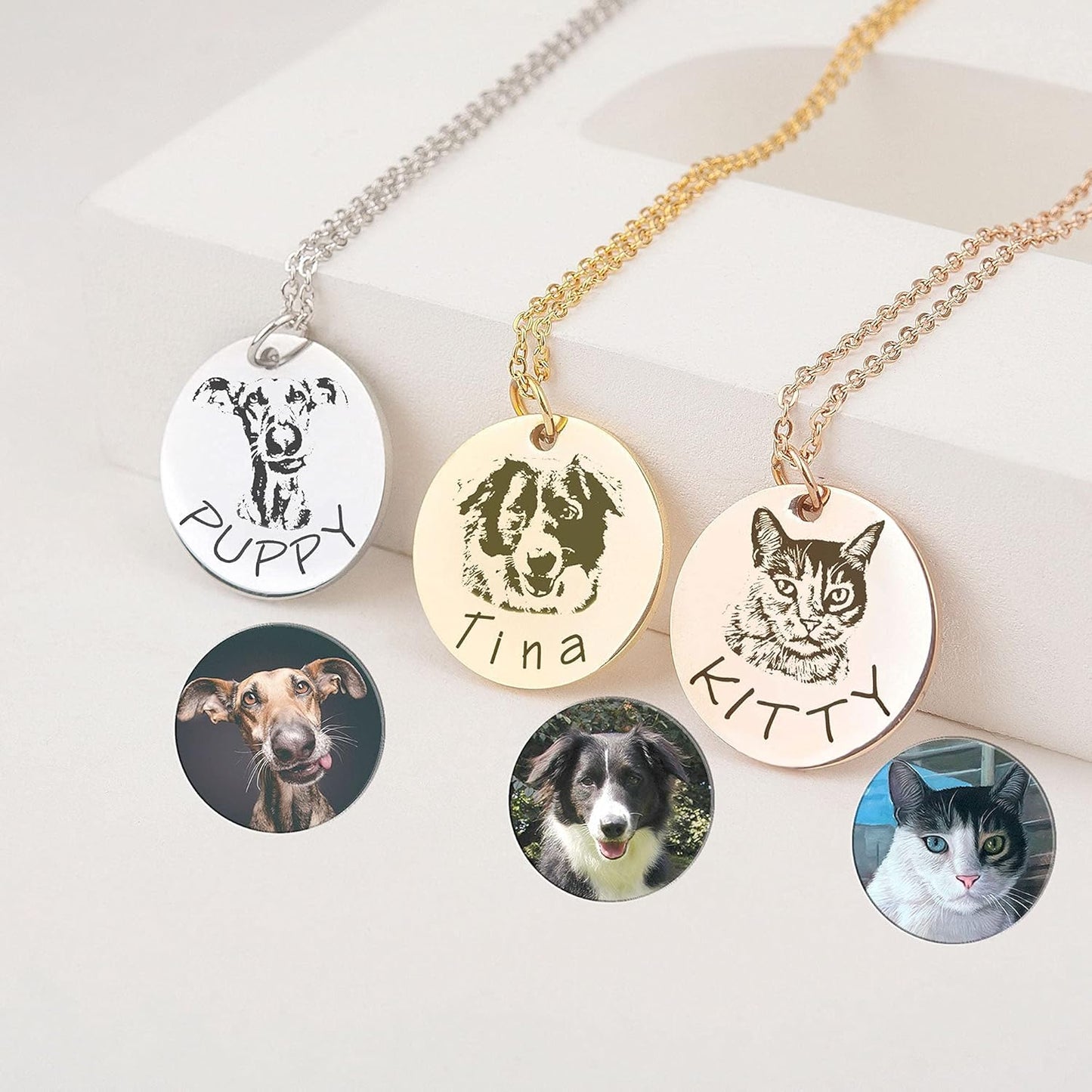 Pet Portrait & Name Necklace - Customized Photo Engraved Memorial Necklace for Cat Dog Animal Lover, Dog Mom - Birthday Gift