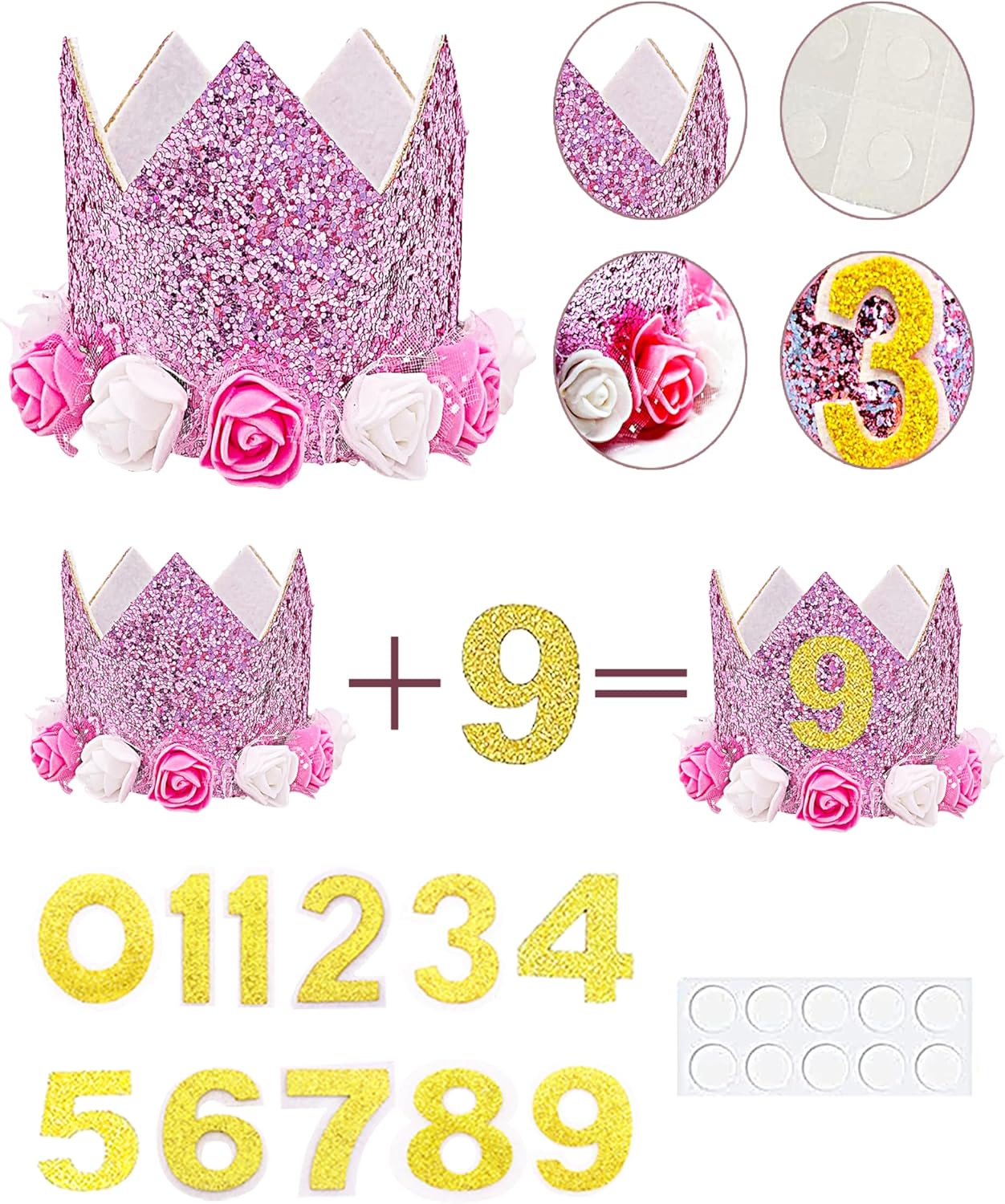PET SHOW Pink Crown Hat Dog Birthday Party Supplies for Girls Female Pets Small Medium Large Dogs Cats Birthday Hat and Plaid Bandana with 0-9 Numbers and Glue