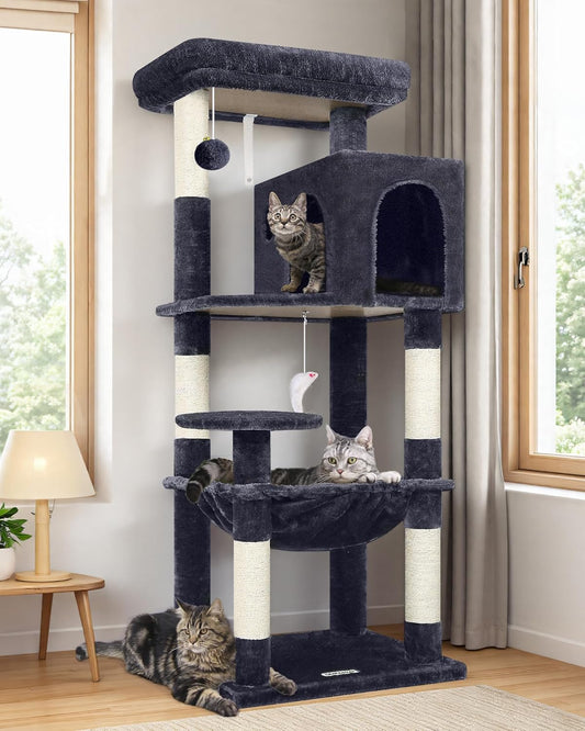 Globlazer Cat Tree Tower with Scratching Post for Indoor Cats, 53inch Tall Plush Multi-Level Cat Climbing Tower Condo House with Large Hammock, Spacious Cat Condo, Big Padded Top Perch, F53, Dark Gray
