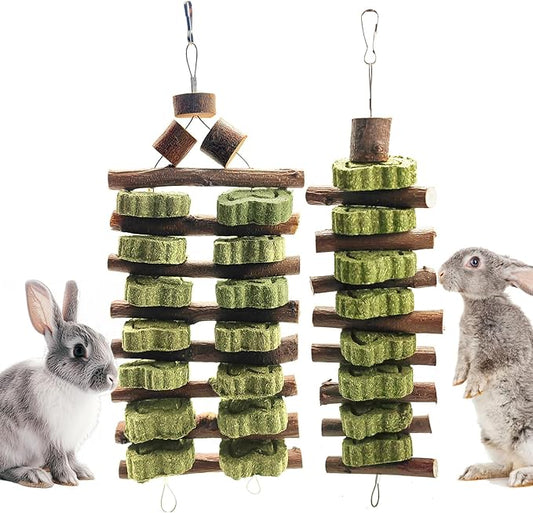 WDEFUN Natural Peach Wood Clover Cake Teeth Grinding Toy String - Rabbit Snack Chewing Toy, Safe and Durable Pet Teeth Grinding Rod, Caring for Dental Health