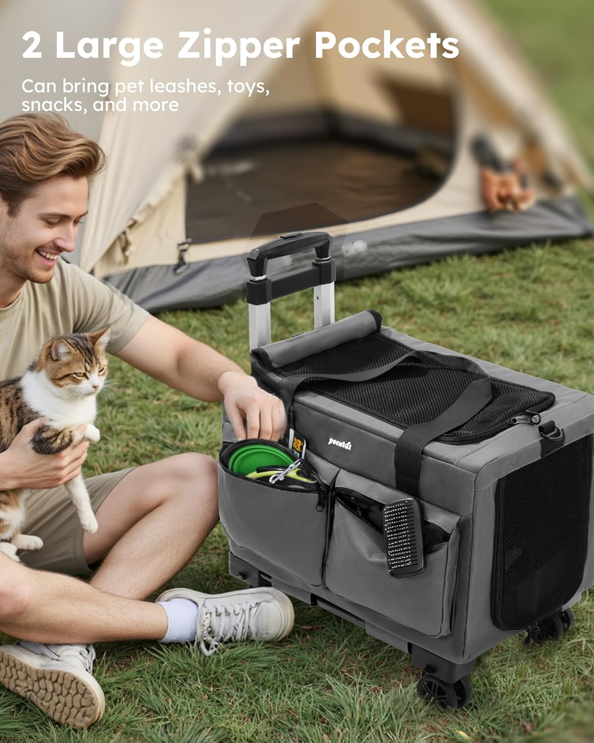 Pecute Cat Carrier with Wheels,Steel Wire Frame Cat Carrier, Stable Pet Trolley Bag for Cats, Pet Handbag and Stroller, Portable Cat Carrier Bag for Car Travel Bus Subway, Grey