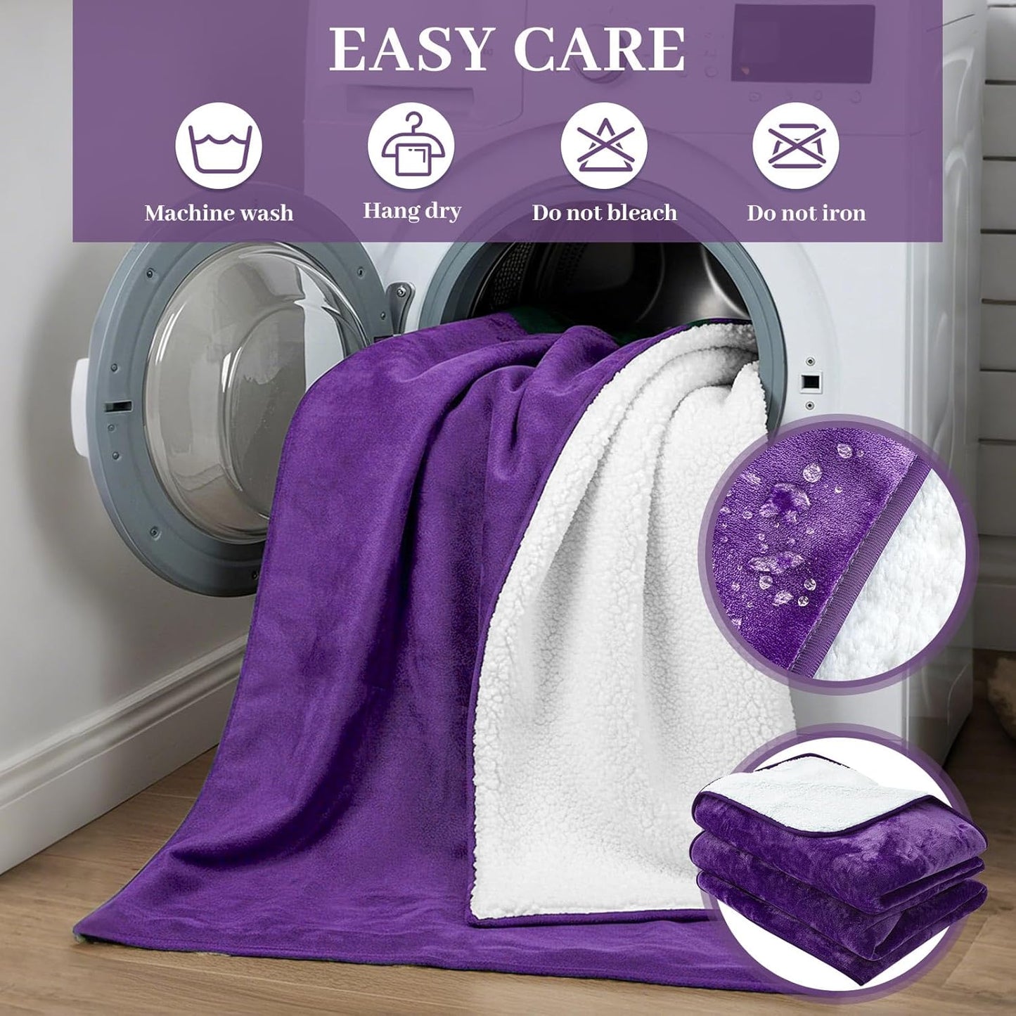 Love Purple Waterproof Bed Blanket, Queen Size 80'' x 80'' Double Side Leakproof Reversible Sherpa Flannel Fleece 3 Layer Lightweight Blanket, Absorbs 70oz