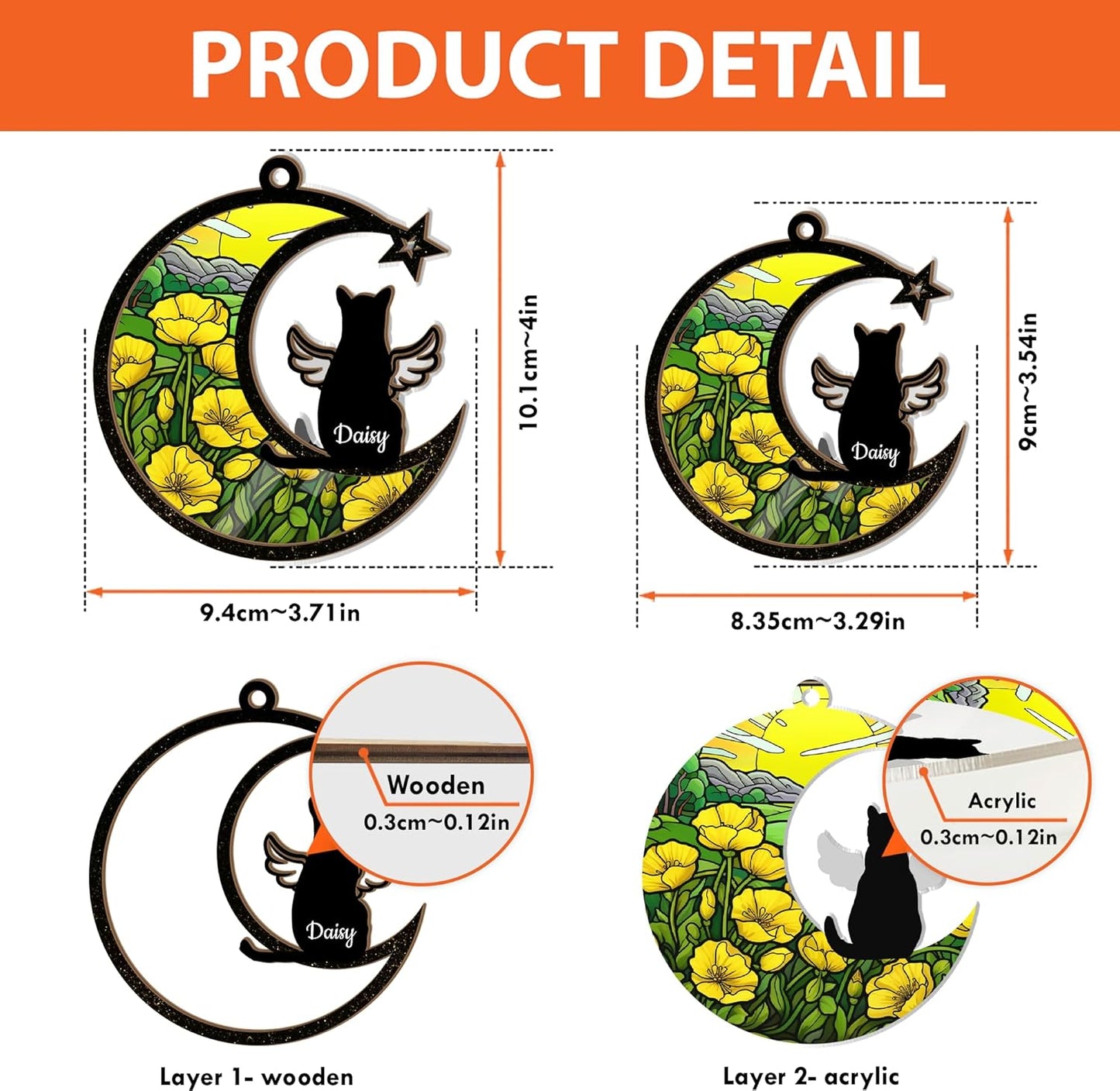 Personalized Cat Memorial Suncatcher – Crescent Moon Pet Loss Ornament with Mountains, Flowers & Angel Wings – Custom Cat Bereavement Gift for Window, or Car Mirror Display – Rainbow Bridge Keepsake