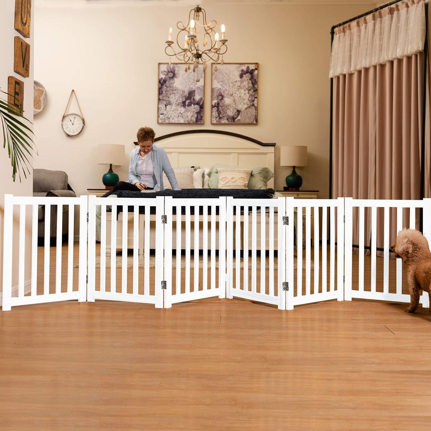 LZRS 6-Panel Extra-Wide Freestanding Wooden Dog Gate Indoor – 24”High Foldable Safety Pet Barrier for Doorways, Hallways, Kitchens, and Long Staircases, Durable Design fit Small to Medium Dogs, White