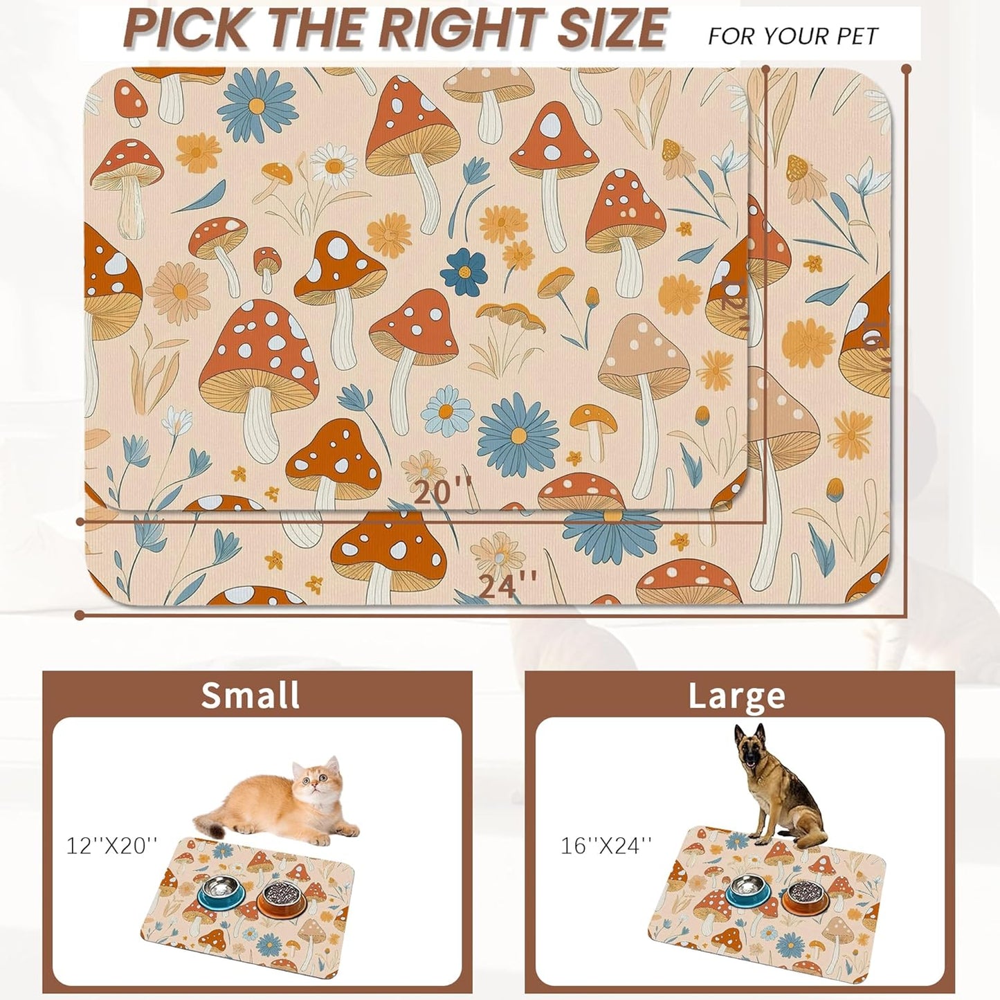 Cute Mushroom Flower Dog Cat Food Mat,Absorbent Pet Feeding Mat with Rubber Backing,Non-Slip Water Bowl Placemat,Indoor Pet Accessories Supplies 12"x20"