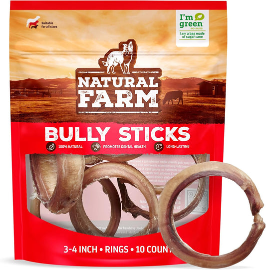 Natural Farm Odor Free Bully Sticks Ring Shaped (3-4 Inch, 10 Pack) - 100% Beef Chews for More Engagement & Fun, Grass-Fed, Non-GMO, Fully Digestible - Best for Small & Medium Chewers