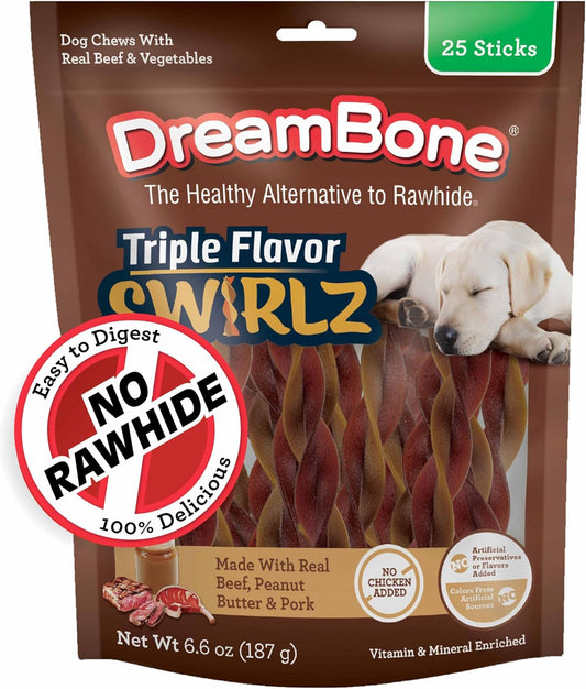 Dreambone Triple Flavor Swirlz No Chicken Added for Dogs, 25 Count, Treat Your Dog to Easy-to-Digest Rawhide-Free Chews Made with Real Beef, Peanut Butter and Pork