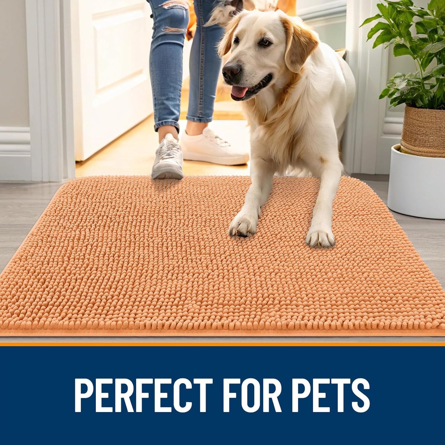 OLANLY Dog Door Mat for Muddy Paws 47x17, Absorbs Moisture and Dirt, Absorbent Non-Slip Washable Doormat, Quick Dry Chenille Mud Mat for Dogs, Entry Indoor Entryway Carpet for Inside Floor, Orange