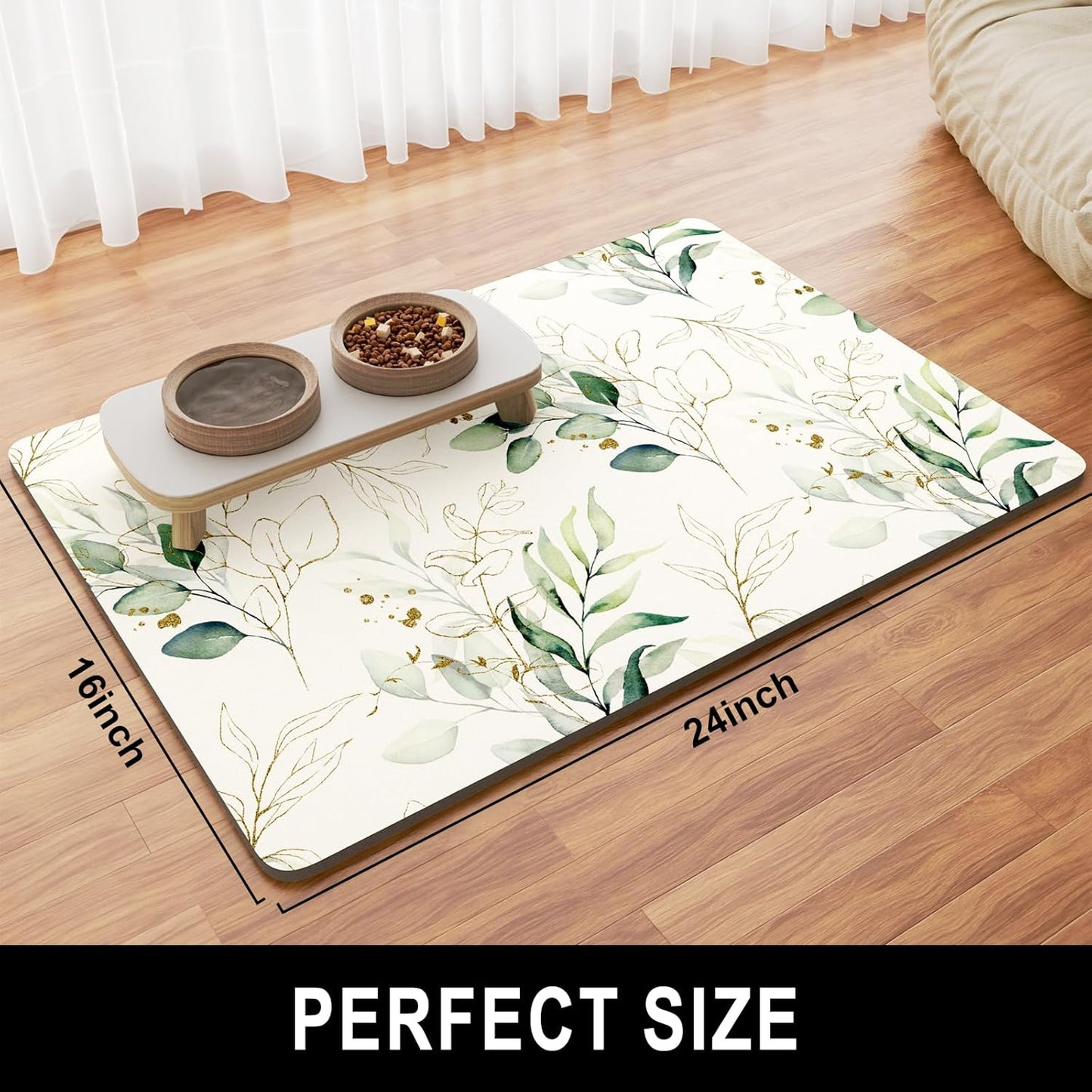 Dog Food Mat, 16" x 24" Minimalism Absorbent Dog Cat Bowl Mat for Food and Water, Cute Anti-Slip Rubber Pet Feeding Rug Protect Floors, Placemat for Feeding & Watering Supplies, Leaf