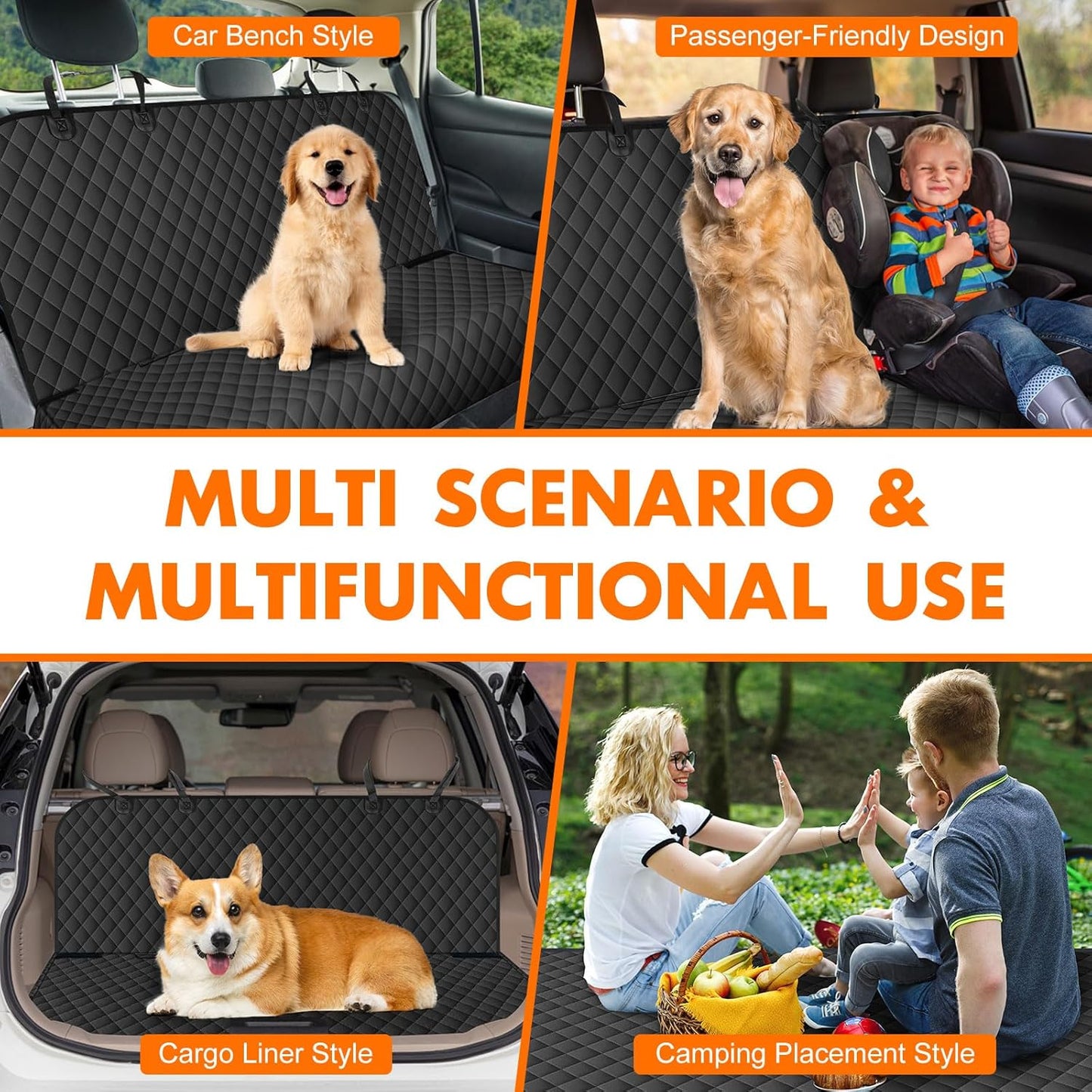 Backseat Cover for Dogs, Waterproof and Non-Slip Pet Bench Seat Covers, Car Seat Protector for Back Seat, Universal Size Rear Car Seat Cover Fits Cars, Trucks and SUVs, L-Black