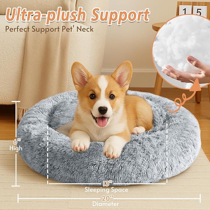 JOLLYVOGUE Calming Dog & Cat Bed for Small Dogs, Anti-Anxiety Donut Cuddler Cozy Soft Round Bed with Anti-Slip Bottom, Fluffy Faux Fur Plush Cushion Beds for Small Medium Dogs (20")