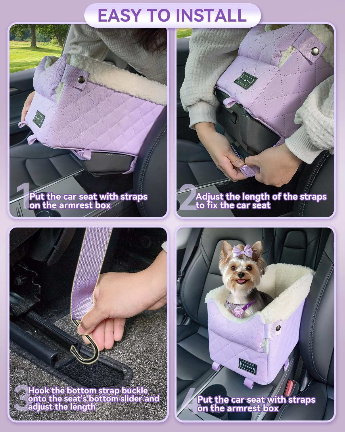 PETSFIT Cat Car Seat with Safe Protection Hooks, Center Console Dog Car Seat with Upgraded Safety Tethers, Washable Cushion, Dog Car Seats for Small Dogs Up to 8 Lbs (Purple)