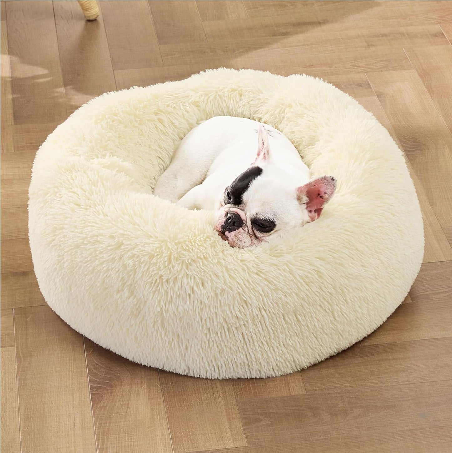 Bedsure Calming Dog Bed for Small Dogs - Donut Washable Small Pet Bed, Round Anti-Slip Fluffy Plush Faux Fur Large Cat Bed, Fits up to 25 lbs Pets, Ivory Beige, 23 inches