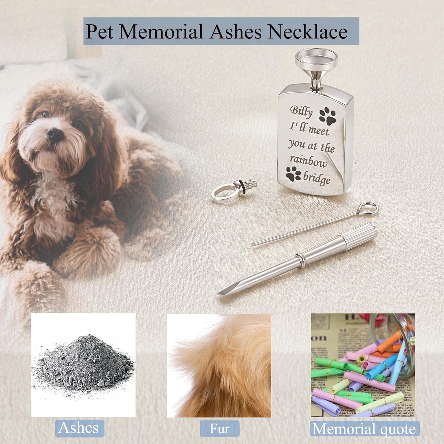 Fanery Sue Personalized Pet Ashes Necklace for Dog Cat Custom Photo&Text Pet Loss Sympathy Gift Cremation Jewelry