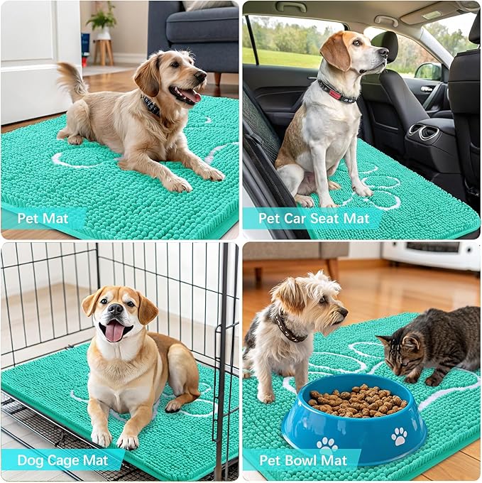 OLANLY Door Mat for Muddy Dog Paws 48x30, Ultra Absorbent Chenille Mud Doormat with Paw Print Design, Non-Slip Washable Doormat for Indoor Entryway, Quick-Dry Pet Bed Mats for Dirty Dogs, Teal
