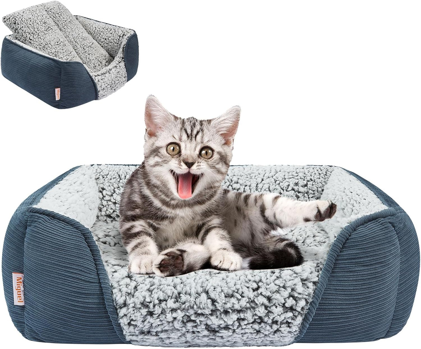 Miguel Washable Cat Beds for Indoor Cats with Removable Cushion, Easy to Wash Small Pet Sofa Bed with Side, Rectangle Bolster Kitten Bed Calming Cuddle Puppy Bed with Anti-Slip Bottom, Blue 18 Inch