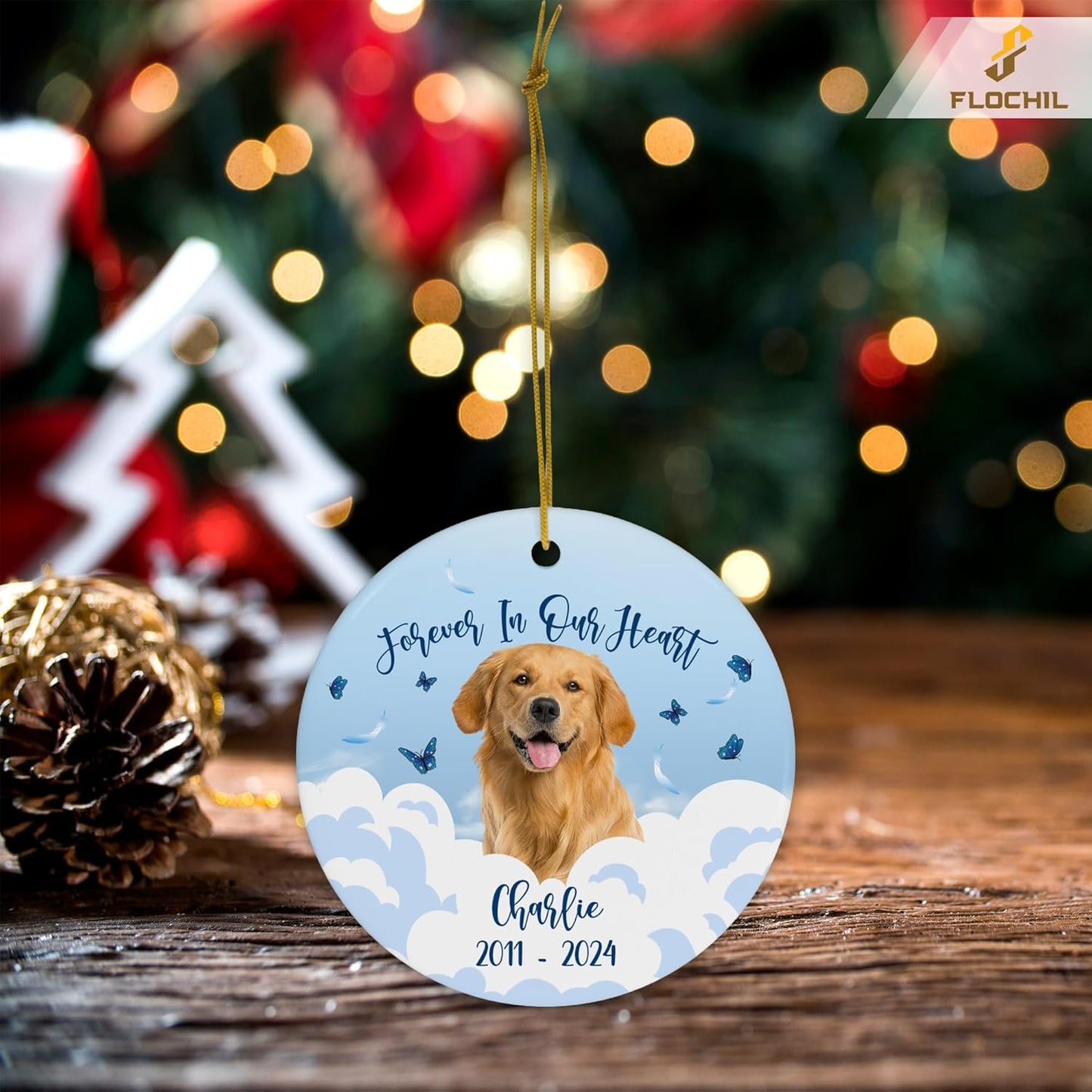 FLOCHIL Personalized Dog Memorial Christmas Ornaments, Custom Dog Christmas Ornaments with Name Photo, Pet Memorial Ornament, Gift for Pet Lovers