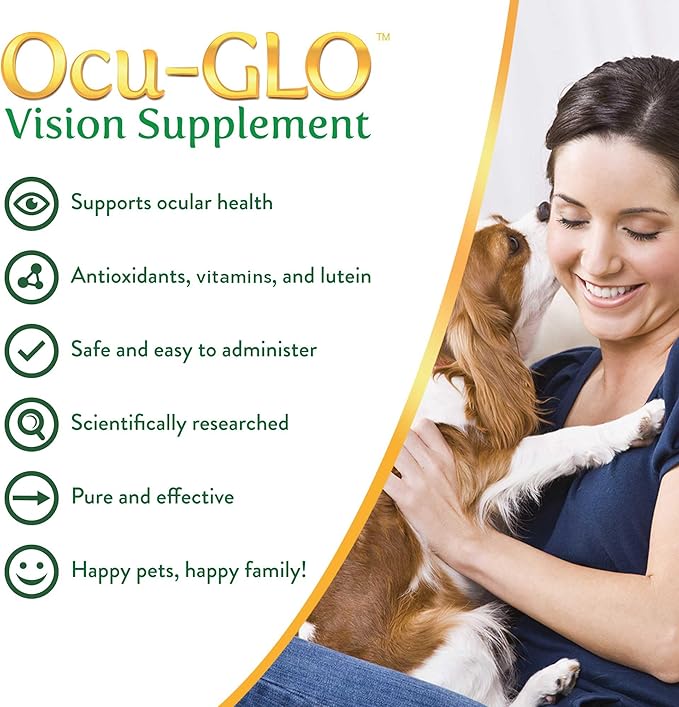 Ocu-GLO Cat & Dog for Eye Support - Chewable Vision Supplement for Large and Small Pets Care with Lutein, Omega-3 Fatty Acids, Grape Seed Extract & Antioxidants 30 XL Chewables
