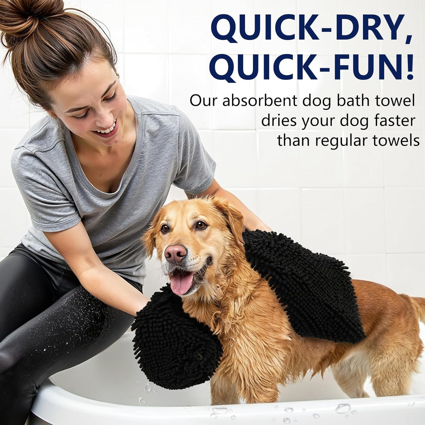 OLANLY Chenille Dog Bath Towel 31x13, Ultra Absorbent Quick Dry Pet Towel, Extra Soft Washable Plush Towel for Large Dogs & Puppies, Indoor Outdoor Use, Black