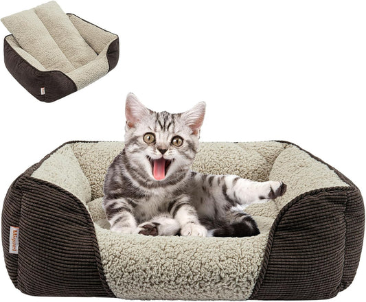 Miguel Washable Cat Beds for Indoor Cats, Easy to Wash Small Pet Sofa with Removable Cushion, Rectangle Bolster Kitten Bed with Anti-Slip Bottom, Brown 18 Inch