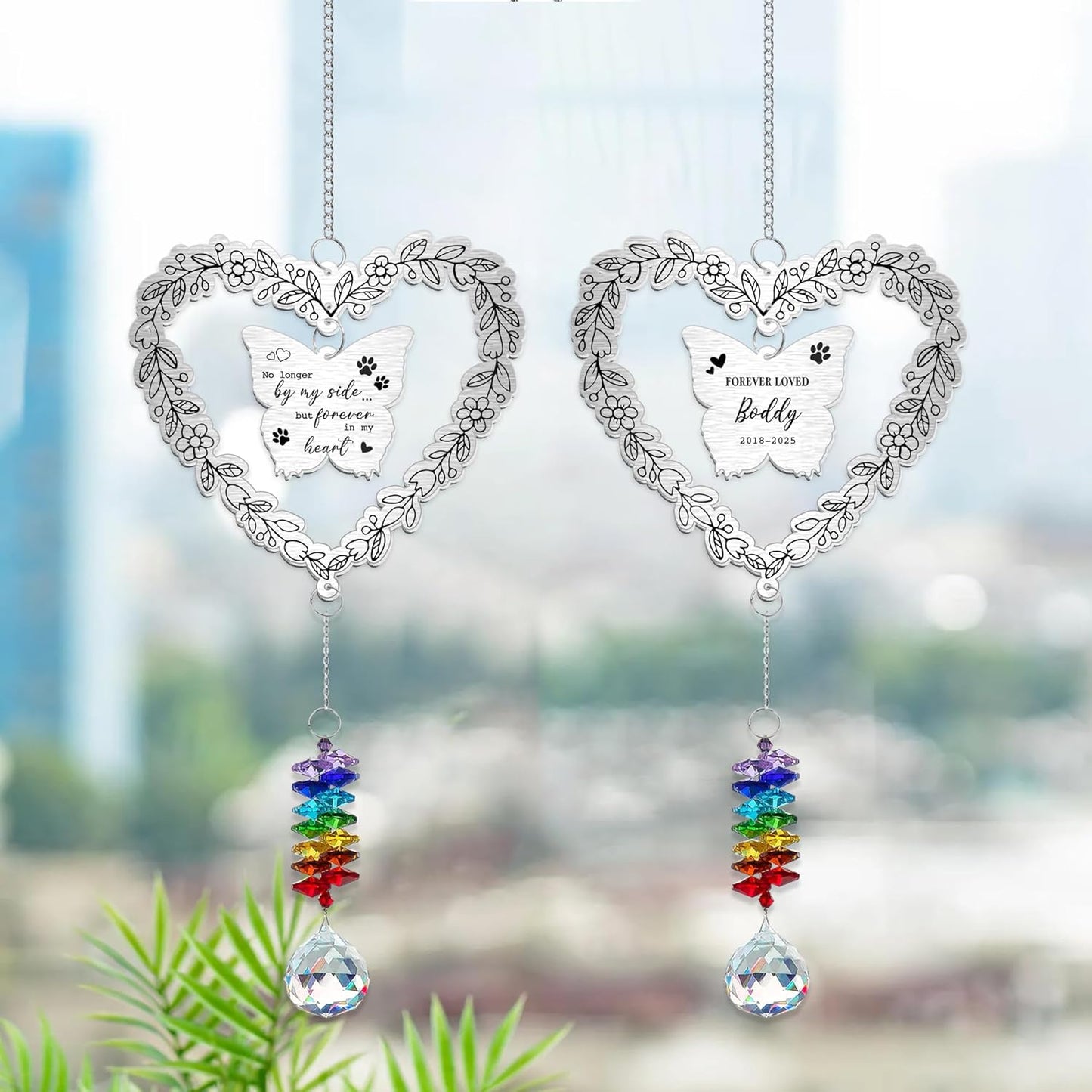 Personalized Dog Memorial Aluminum Suncatcher Ornament – No Longer by My Side but Forever in My Heart – Custom Dog Name Butterfly Pet Loss Gift, Rainbow Bridge Remembrance Decor