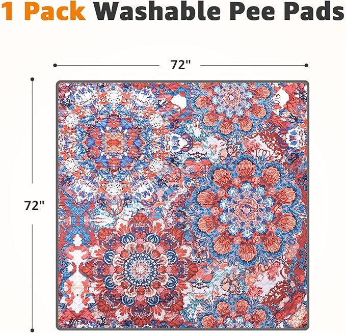 LOOBANI Washable Pee Pads for Dogs, 1 Pack Super Absorbent Reusable Puppy Pads Leakproof Dog Traning Pads, Waterproof Non-Slip Whelping Pad for Floor, Playpen, Crate, Couch-72 x72 (Red Flower)