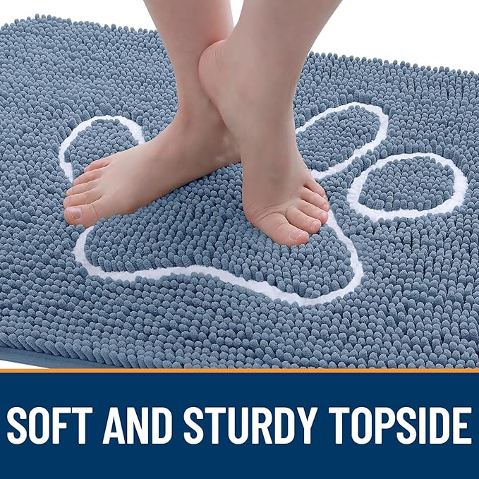 OLANLY Door Mat for Muddy Dog Paws 30x20, Absorbent Chenille Doormat with Paw Print Design, Non-Slip Washable Doormat for Indoor Entryway, Quick-Dry Pet Bed Mats for Dirty Dogs, Airy Blue and White