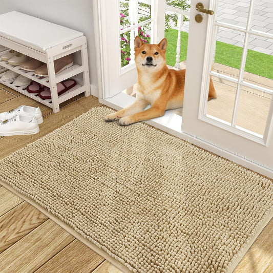 OLANLY Dog Door Mat for Muddy Paws 50x30, Absorbs Moisture and Dirt, Absorbent Non-Slip Washable Doormat, Quick Dry Chenille Mud Mat for Dogs, Entry Indoor Entryway Carpet for Inside Floor, Beige
