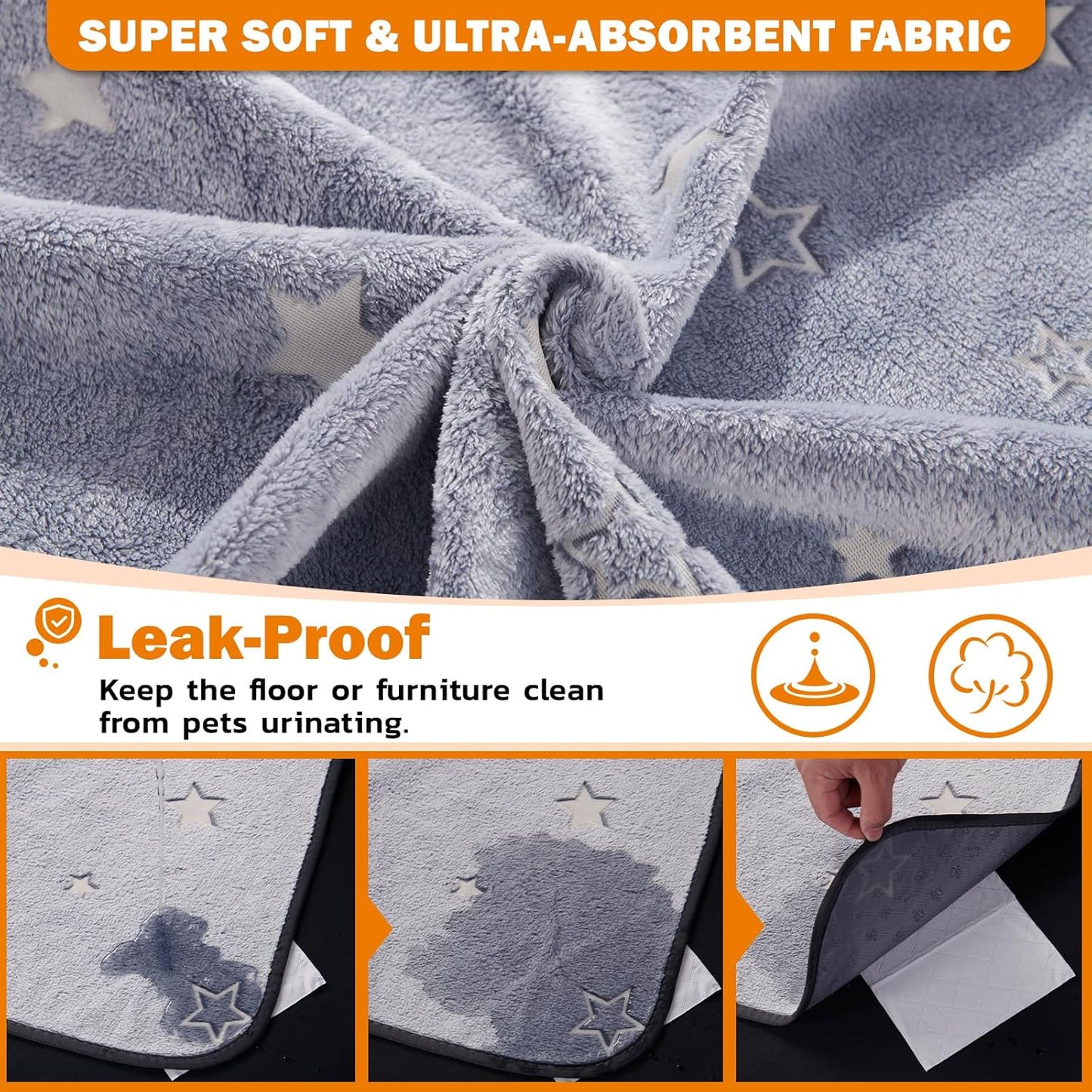 LOOBANI Washable Pee Pads for Dogs, 2 Pack 36 x 48 in, Grey Star Pattern, Reusable Dog Surface Protector, Flannel Material