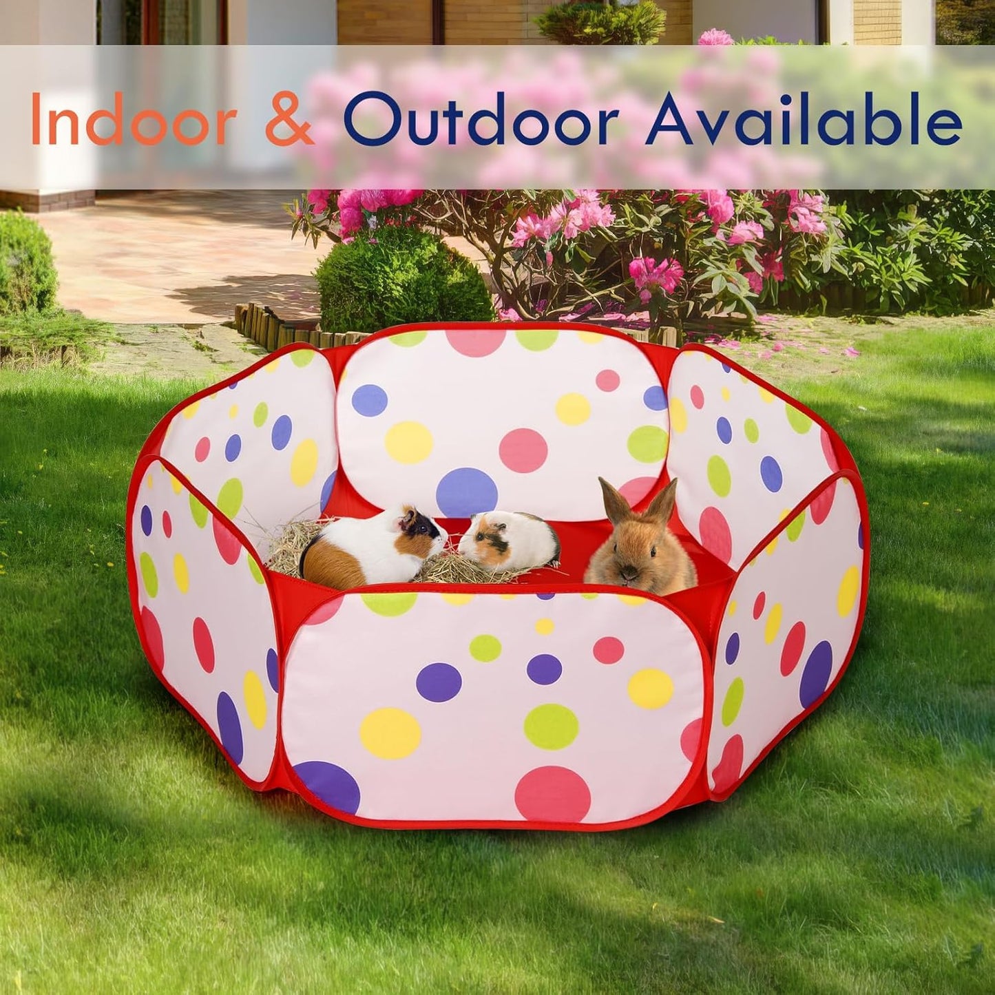 Pawaboo Small Animals Playpen, Waterproof Small Pet Cage Tent with Strong Steel Wire Frame, Portable Outdoor Yard Fence for Chick/Kitten/Puppy/Guinea Pig/Rabbits/Hamster/Chinchillas, Red + Polka Dots